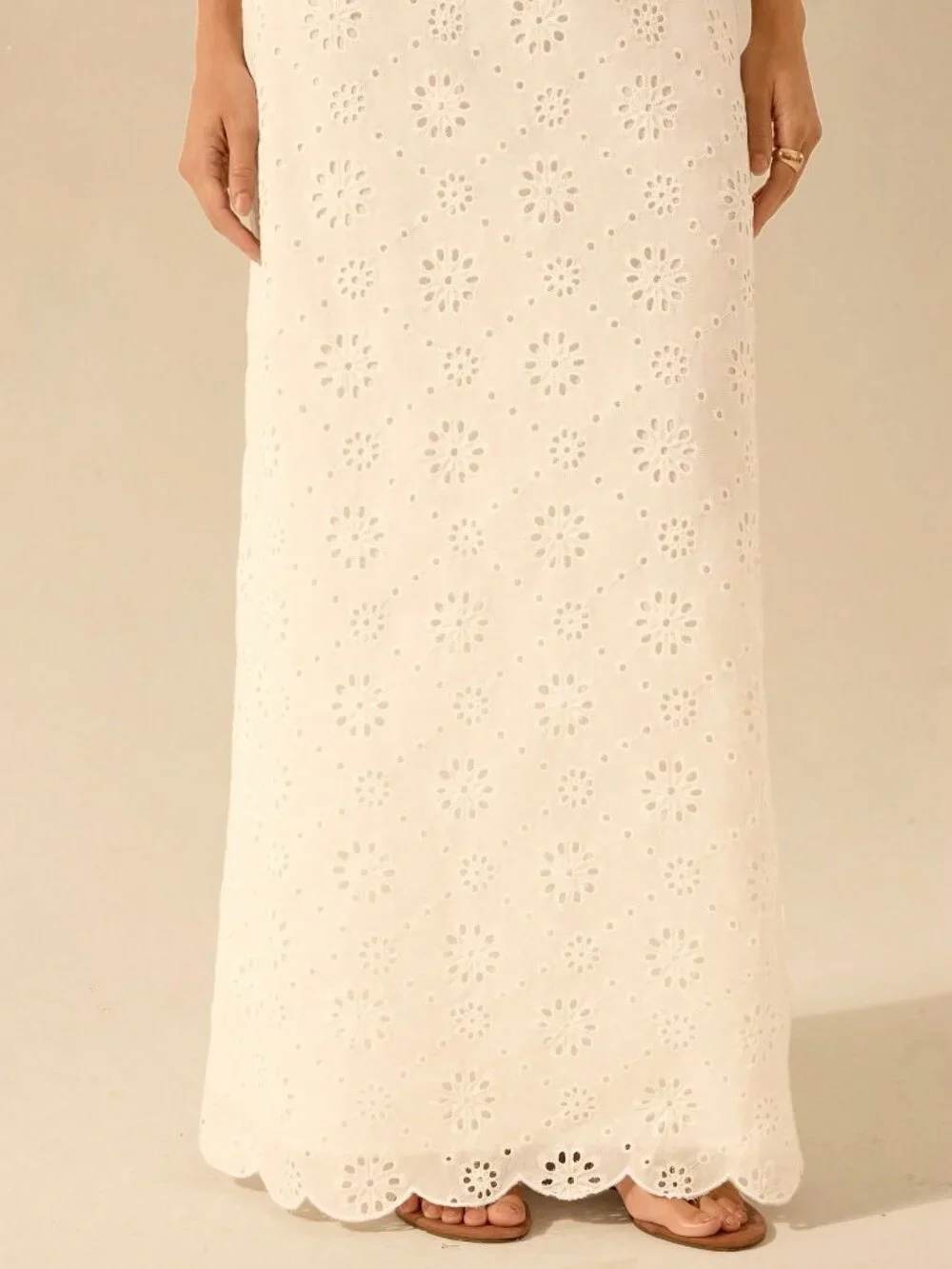 White Boho Women's Eyelet Detail Spaghetti Tie Strap Tassle Midi Dress - Picture 7 of 8